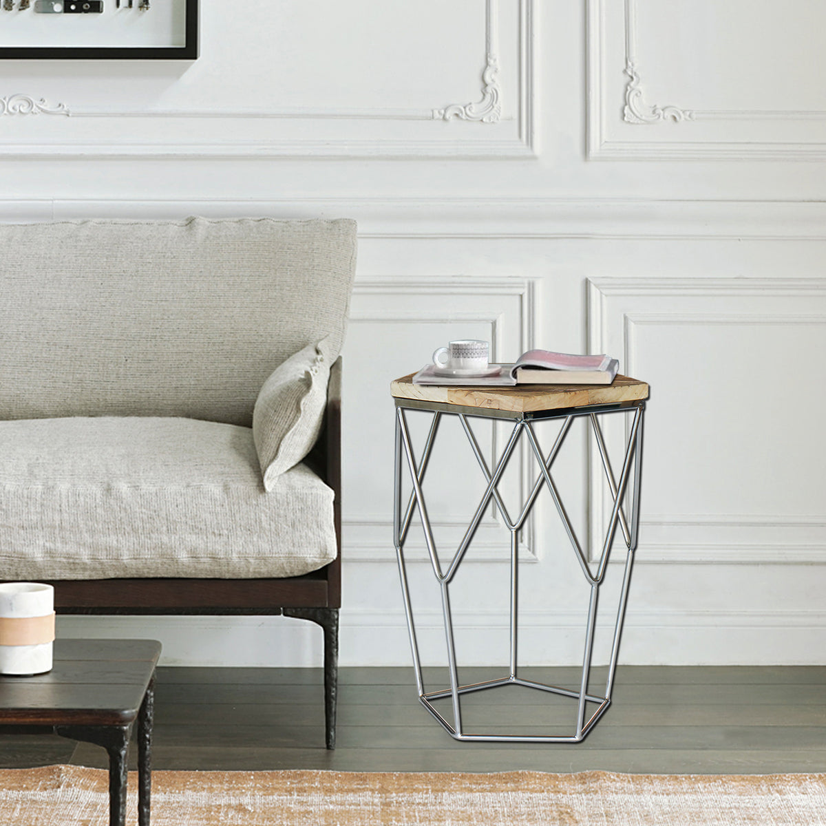 "Pentagono Lato" Reclaimed Elm Wood Side/End Table