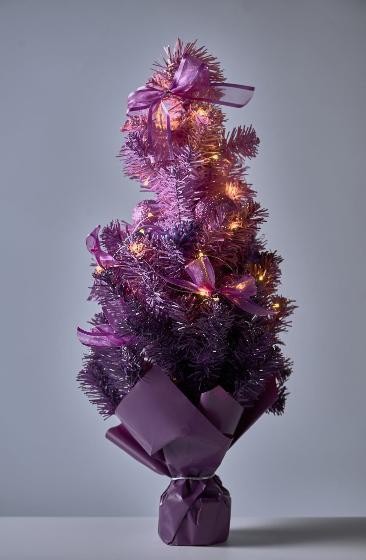 Handcrafted Tabletop Christmas Tree with LED Lights and Ornaments