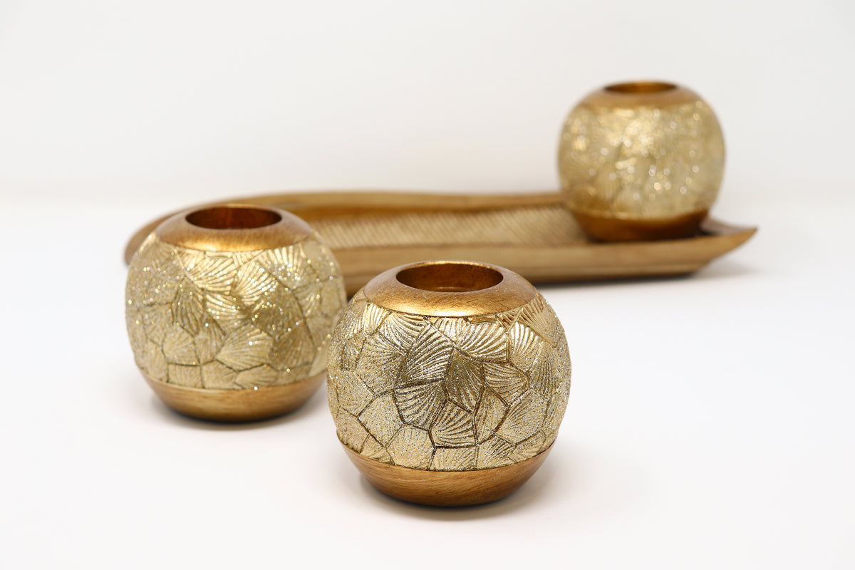 "Lieve" Polyresin 3 Piece Candle/Tealight Holders with Tray
